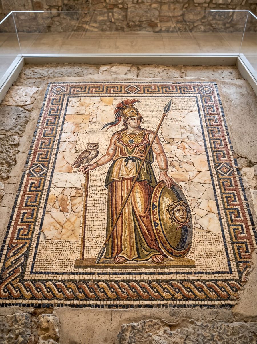 Ancient mosaic of Athena with helmet and owl