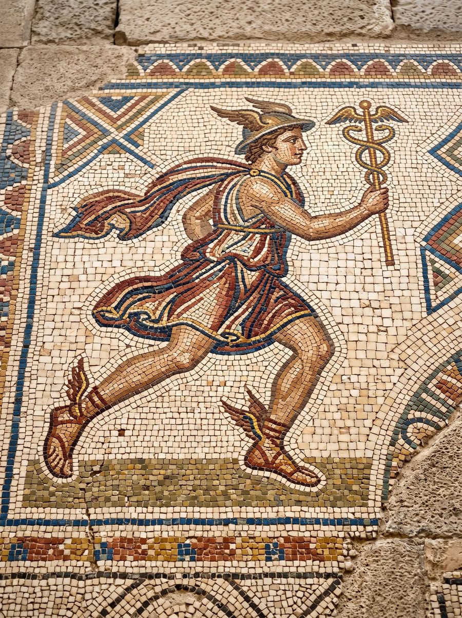 Ancient mosaic of Hermes with winged sandals and caduceus
